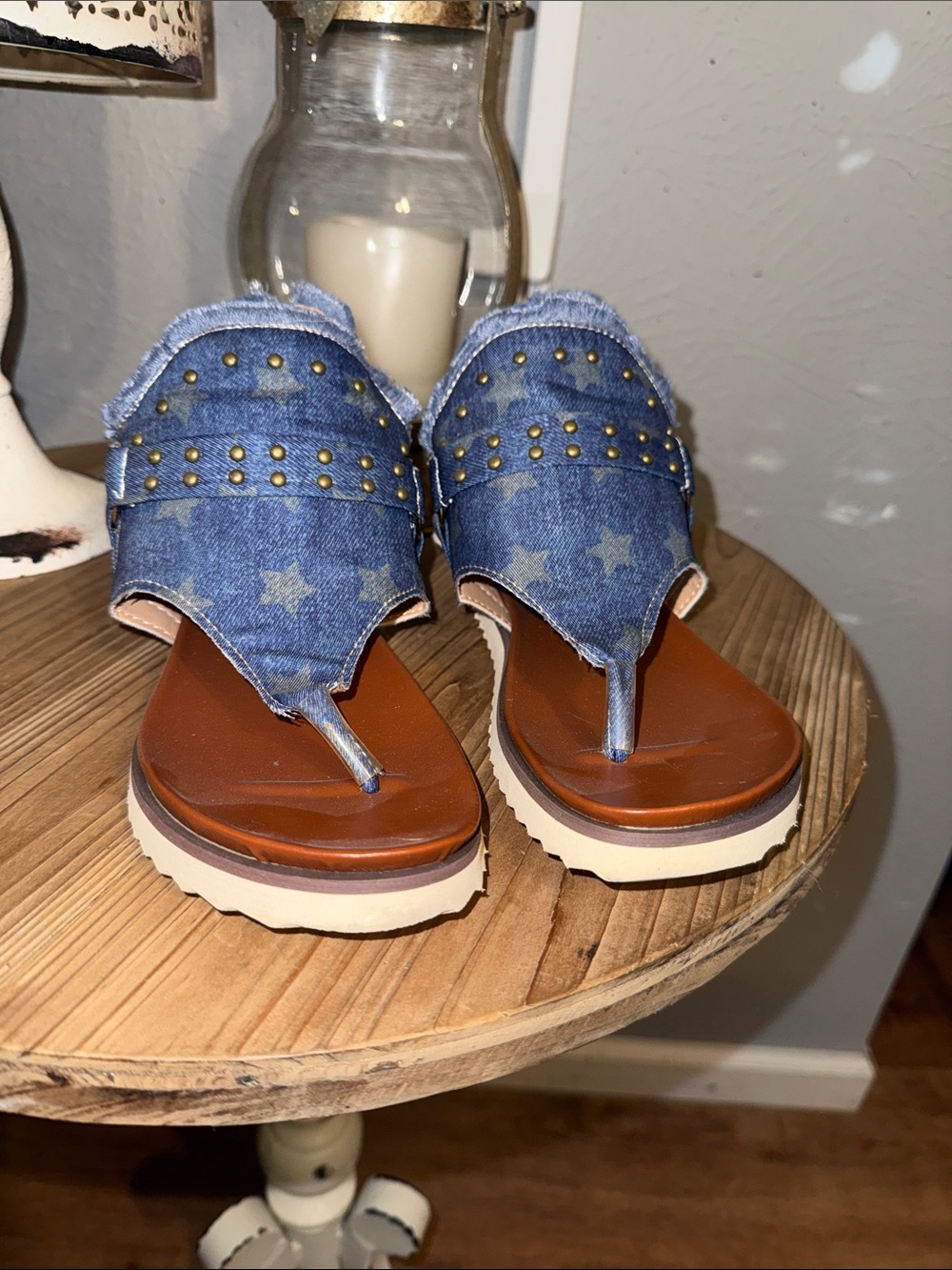Denim Star Stud Platform Thong Sandals - Blue